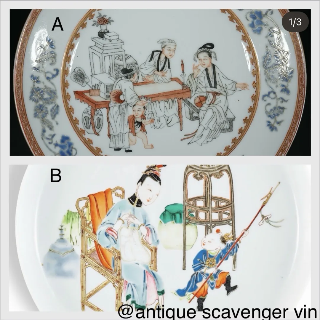 Two famille rose plates with figure scenes, A above B
