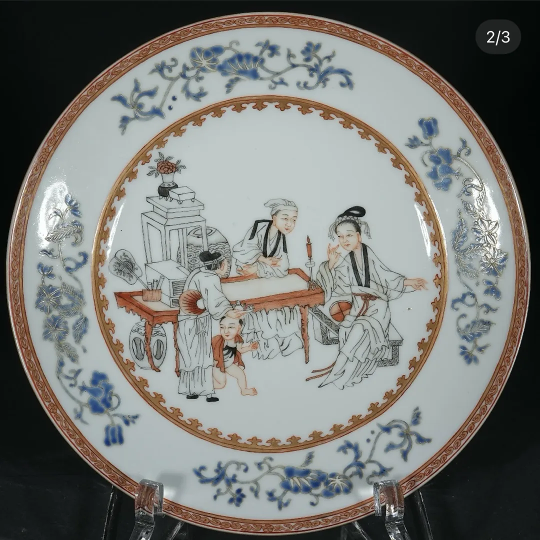 Piece A: famille rose plate painted with scholars and boys at a table