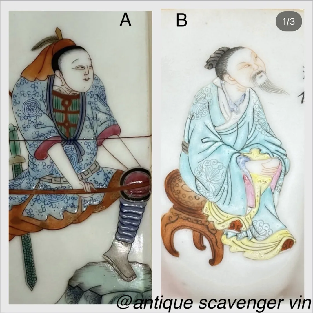 Close-ups of two famille rose figure paintings side by side, labeled A and B: an archer and a seated scholar