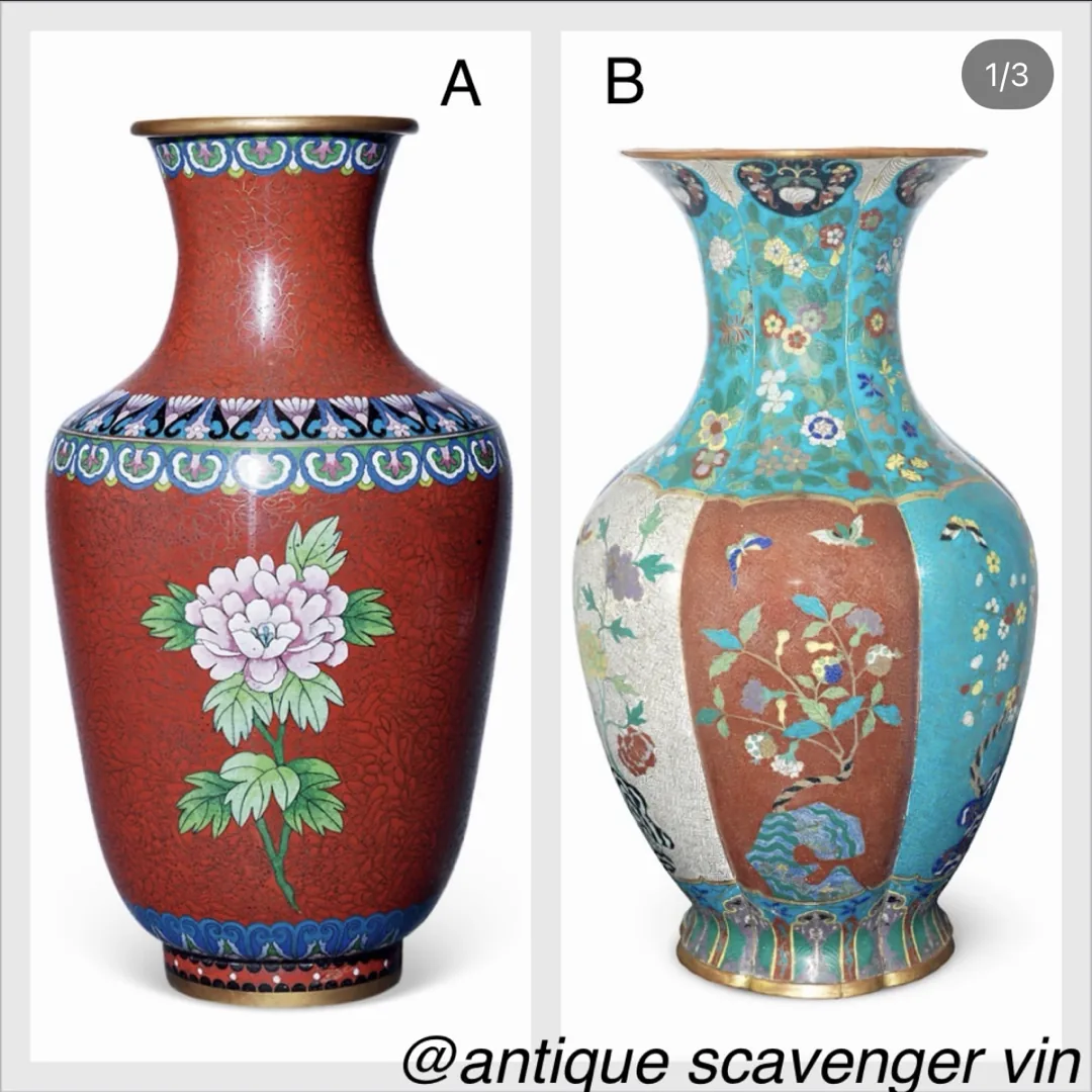 Two cloisonné vases side by side, labeled A and B: A red with a large peony, B turquoise with panels of flowers