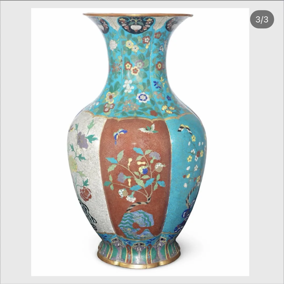 Piece B: turquoise cloisonné vase with panels of flowers