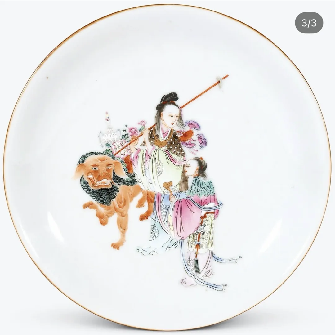 Piece B: famille rose plate painted with a figure holding a spear beside a lion