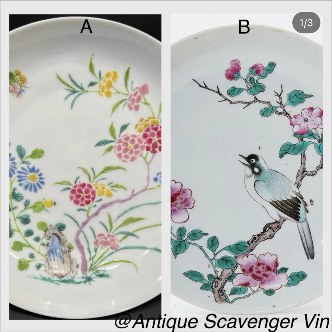 Two famille rose plates side by side, labeled A and B: A painted with flowering plants and a rock, B with a bird on a flowering branch